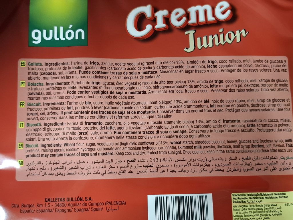Listado de ingredientes de las galletas Gullón, Creme junior