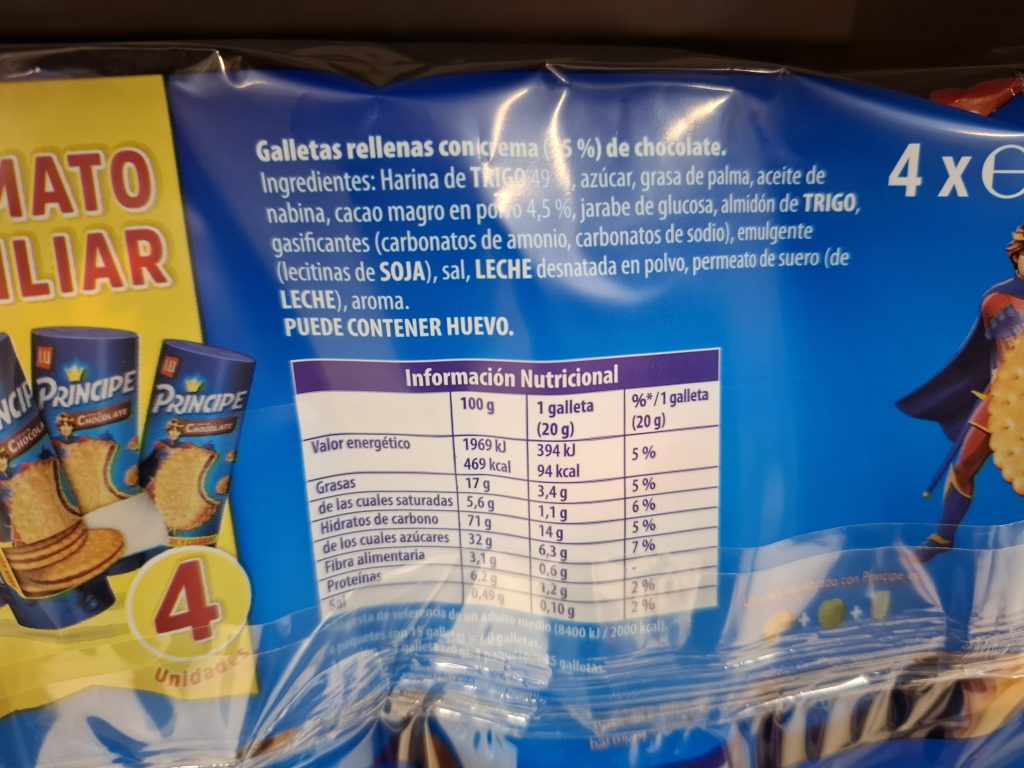 Listado de ingredientes de las galletas Principe