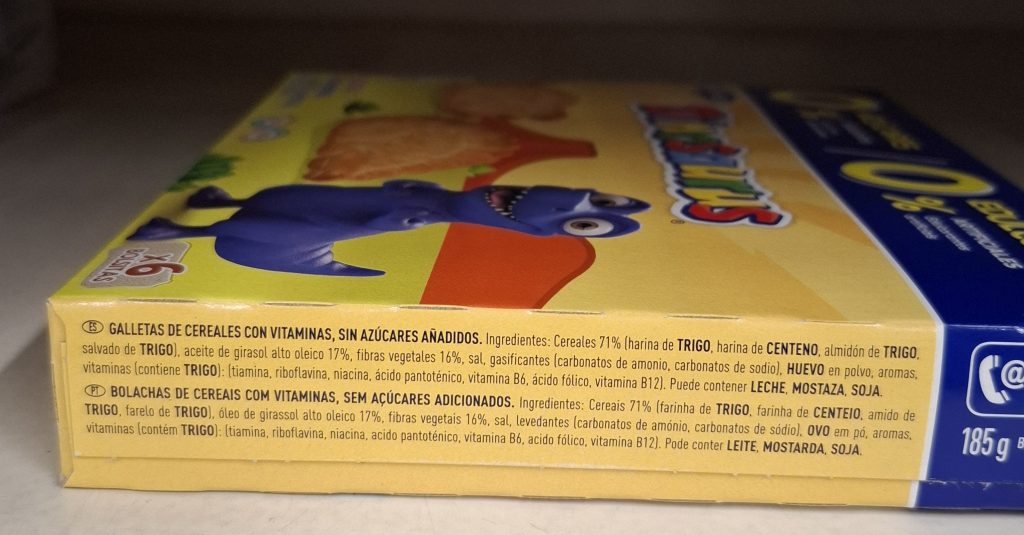 Caja de galletas Dinosaurios con el listado de ingredientes.