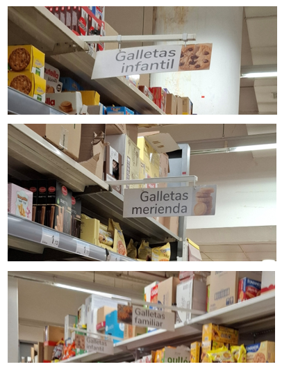 Secciones de Galletas Infantil, Merienda y Familiar del hipermercado Carrefour.