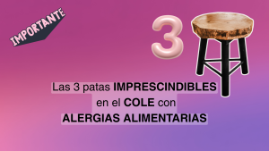 TABURETE CON 3 PATAS Y UN NÚMERO 3. TEXTO IMPORTANTE Y TEXTO LAS 3 PATAS EN EL COLE CON ALERGIAS ALIMENTARIAS